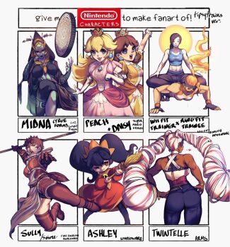 6+girls annoyed arms_(game) arms_up ashley_(warioware) ass black_hair blonde_hair blouse blue_eyes breasts broom brown_hair copyright_name crossover crown dark-skinned_female dark_skin domino_mask dress earrings elf english_text exercising expressionless eye_mask fire fire_emblem fire_emblem_awakening flower_earrings gauntlets gloves grin hands_on_own_hips highres holding holding_weapon jewelry lance leggings long_hair looking_at_viewer mario_(series) mask midna midna_(true) multiple_crossover multiple_drawing_challenge multiple_girls nintendo open_mouth panties pantyhose pointy_ears polearm princess_daisy princess_peach push-ups red_eyes ring_fit_adventure ring_fit_trainee shirt short_hair sitting sitting_on_person six_fanarts_challenge sleeveless sleeveless_shirt smile sports_bra sully_(fire_emblem) super_mario_bros._1 super_mario_land super_smash_bros. the_legend_of_zelda the_legend_of_zelda:_twilight_princess thigh_gap thighhighs twintails twintelle_(arms) underwear very_long_hair wand warioware weapon white_hair wii_fit wii_fit_trainer wii_fit_trainer_(female) witch