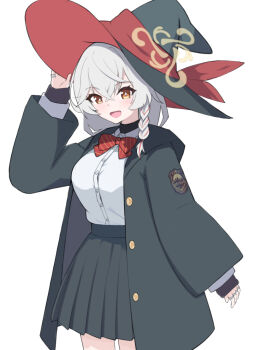 1girl black_jacket black_skirt blue_archive blush bow braid breasts collared_shirt commentary_request diagonal-striped_bow diagonal-striped_clothes earrings eri_(blue_archive) hair_between_eyes halo hat hat_ribbon jacket jewelry kuu002244 large_breasts long_hair looking_at_viewer open_mouth orange_eyes orange_halo pleated_skirt red_bow red_ribbon ribbon shirt simple_background single_earring skirt smile striped_bow striped_clothes tilted_halo white_background white_hair white_shirt witch_hat