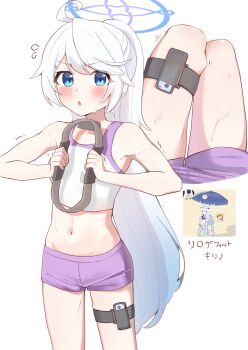 alternate_hairstyle armpits artist_request blue_archive crop_top joy-con kirino_(blue_archive) kirino_(swimsuit)_(blue_archive) midriff nintendo_switch ponytail sports_bra sportswear sweat tagme