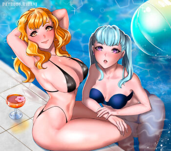 2girls arms_behind_head ass ball beachball bikini black_bikini black_clover blue_bikini breasts cousins covered_erect_nipples drink family kirani large_breasts leaning_on_person long_hair looking_at_viewer mimosa_vermillion multiple_girls noelle_silva open_mouth orange_eyes orange_hair poolside purple_eyes silver_hair smile swimsuit thick_thighs thighs twintails water watermark