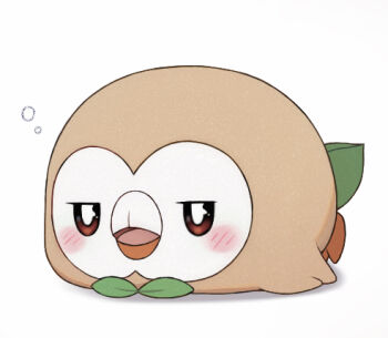 blush bright_pupils brown_eyes commentary_request full_body gen_7_pokemon jitome lowres lying momiyon nintendo no_humans on_stomach pokemon pokemon_(creature) pokemon_focus rowlet solo squeans white_pupils