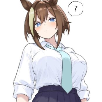 Rule 34 | 1girl, ?, alternate costume, animal ears, black skirt, blue eyes, blue necktie, blush, breasts, brown hair, cheval grand (umamusume), closed mouth, commentary request, from below, hair between eyes, horse ears, horse girl, large breasts, looking at viewer, multicolored hair, nanasedayoxd, necktie, school uniform, shirt, shirt tucked in, short hair, short hair with long locks, short sleeves, sidelocks, simple background, skirt, solo, spoken question mark, streaked hair, umamusume, white background, white hair, white shirt, white streaks
