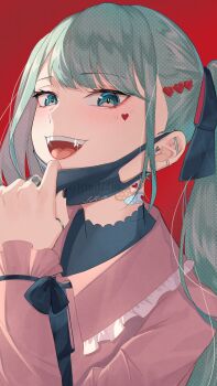 1girl absurdres bandaid bandaid_on_neck ben-day_dots black_nails black_ribbon blue_eyes blue_hair ear_piercing face_piercing facial_tattoo fangs frilled_shirt_collar frills hair_ornament hair_ribbon hatsune_miku heart heart_hair_ornament heart_tattoo highres igarashi_sora jewelry long_hair long_sleeves looking_at_viewer mask mask_pull mouth_mask open_mouth piercing pink_shirt red_background ribbon ring screentones shirt simple_background smile solo tattoo tongue twintails twitter_username upper_body vampire vampire_(vocaloid) vocaloid
