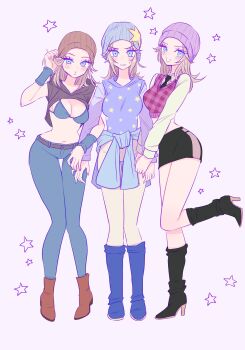 beanie belt bikini bikini_top_only black_skirt blonde_hair blue_eyes boots breasts full_body genderswap genderswap_(mtf) hat high_heel_boots high_heels highres johnny_joestar jojo_no_kimyou_na_bouken long_hair looking_at_viewer multiple_persona navel skirt smile star_(symbol) star_symbol_background steel_ball_run swimsuit yuki_jj