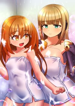 2girls azure_striker_gunvolt blonde_hair breasts brown_hair bubble green_eyes gunvolt_chronicles_luminous_avenger_ix gynoid kohaku_(gunvolt) large_breasts long_hair magonzuhamiti multiple_girls null_(gunvolt) showering small_breasts towel yellow_eyes