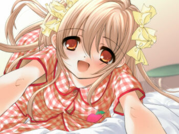 1girl :d apple apple_print asahina_kasumi bed blush bow breasts brown_hair covered_erect_nipples downblouse female_focus food food-themed_clothes forget-me-not fruit fruit_print game_cg hair_bow hug incoming_hug ito_noizi long_hair lying multiple_hair_bows no_bra on_side open_clothes open_mouth open_shirt orange_eyes pajamas plaid pov pov_hug red_eyes ribbon shirt smile solo stool thigh_gap very_long_hair wasurenagusa
