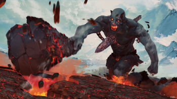 chain club_(weapon) colored_skin demon demon_horns fire glowing hell highres horns lance lava monster motion_blur nanora open_mouth original polearm red_eyes solo weapon