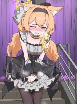 1girl absurdres animal_ear_fluff animal_ears blue_archive blue_eyes blush commentary_request dress halo hat highres lmc_(lmcgarage) long_hair mari_(blue_archive) mari_(idol)_(blue_archive) official_alternate_costume one_eye_closed open_mouth orange_hair pantyhose peeing peeing_self solo textless_version yellow_halo