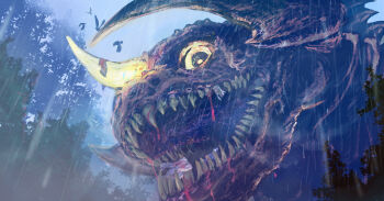 Rule 34 | baragon (godzilla), benedict pictures corporation, bird, blood, crossover, dinosaur, flying, forest, frankenstein, frankenstein vs. baragon, giant, giant monster, glowing, glowing eyes, glowing horns, godzilla (series), horns, horror (theme), kaiju, looking at viewer, looking down, monster, nasal horn, nature, night, no humans, pov, rain, sharp teeth, single horn, tail, teeth, toho, tree, wings, yamabuki ryuu, yellow eyes