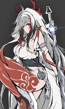 1girl animal_ear_fluff animal_ears arm_behind_head armlet bare_shoulders black_shoes breasts china_dress chinese_clothes commentary_request dress droopy_ears from_side grey_background hairband highres holding holding_sword holding_weapon jewelry large_breasts leg_tattoo leg_up long_hair looking_at_viewer pinjirooo qingming_sword red_eyes shoes silver_armlet simple_background solo sword tail tattoo very_long_hair weapon white_dress white_hair white_hairband white_tail ye_shunguang zenless_zone_zero