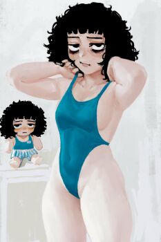 1girl absurdres armpits bags_under_eyes black_eyes black_hair blunt_bangs breasts casato character_doll commentary doll ellie_(casato) english_commentary highres medium_breasts medium_hair messy_hair mojyo one-piece_swimsuit original simple_background swimsuit white_background