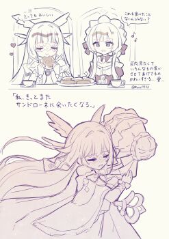 Rule 34 | 2girls, bare shoulders, black collar, black sleeves, bow, closed eyes, closed mouth, collar, columbina (genshin impact), commentary request, cup, detached collar, detached sleeves, dress, eating, eye mask, food, genshin impact, hair ornament, head wings, headdress, heart, highres, hug, long hair, long sleeves, mask, multicolored hair, multiple girls, multiple wings, musical note, open mouth, pastry, ribbon, runa (runa7733), sandrone (genshin impact), see-through clothes, see-through mask, simple background, smile, teacup, translation request, two-tone hair, very long hair, white background, white dress, white headdress, white mask, white wings, winding key, wing hair ornament, wings, wrist bow, x-shaped eyewear