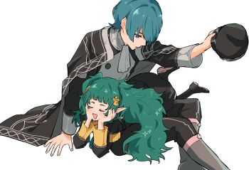 1boy 1girl absurdres ascot black_boots black_cape blue_eyes blue_hair boots cape closed_eyes closed_mouth dress fire_emblem fire_emblem:_fortune&#039;s_weave fire_emblem:_three_houses fire_emblem_heroes garreg_mach_monastery_uniform green_hair hair_ornament hat highres holding holding_unworn_clothes holding_unworn_hat long_hair long_sleeves lying_on_lap male_byleth_(academy)_(fire_emblem) male_byleth_(fire_emblem) nintendo noki_(nikumasyumaro) official_alternate_costume open_mouth pointy_ears short_hair simple_background smile sothis_(fire_emblem) unworn_hat unworn_headwear
