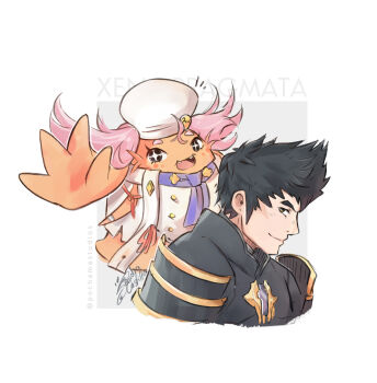 1boy 1girl absurdres apron armor ascot black_hair brown_eyes chef_hat chest_jewel commentary core_crystal_(xenoblade) english_commentary hat highres japanese_armor looking_at_viewer malos_(xenoblade) manana_(xenoblade) nopon pochamastudios pose_imitation pragmata purple_ascot short_hair shoulder_armor smile sode sparkling_eyes spiked_hair voice_actor_connection white_apron xenoblade_chronicles_(series) xenoblade_chronicles_2 xenoblade_chronicles_3
