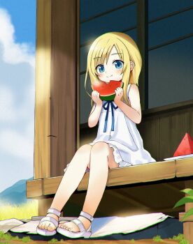 1girl aged_down aya_brea blonde_hair blue_eyes closed_mouth cloud commentary_request commission dress food fruit highres long_hair looking_at_viewer parasite_eve_(series) parasite_eve_i second-party_source sitting smile solo watermelon white_dress