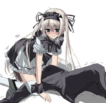 Rule 34 | 2boys, androgynous, black bow, black eyes, black headdress, black pants, black shirt, blonde hair, bow, commentary request, crossdressing, crossdressing (mtf), hair extensions, highres, kasukasugom1, kusanagi naoya, long hair, maid, maid headdress, male focus, male maid, multiple boys, natsume kei (sakura no uta), pants, sakura no uta, shirt, sitting, sitting on face, sitting on person, thighhighs, trap, twintails, white thighhighs, yaoi
