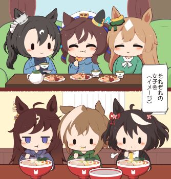 6+girls :3 :t ^_^ ahoge animal_ears black_hair black_jacket black_shirt blue_jacket blue_shirt blush bow bowl bowtie brown_hair cheval_grand_(umamusume) chibi chibi_only closed_eyes closed_mouth commentary_request cookie crown cup day drawstring duramente_(umamusume) ear_covers eating food gomashio_(goma_feet) green_hoodie green_shirt hair_ribbon hat holding holding_cup holding_saucer hood hood_down hoodie horse_ears horse_girl horse_tail jacket jitome kitasan_black_(umamusume) long_hair long_sleeves multicolored_hair multiple_girls noodles open_clothes open_jacket outdoors plate puff_of_air purple_eyes purple_shirt ramen red_ribbon ribbon satono_crown_(umamusume) satono_diamond_(umamusume) saucer shirt short_hair side_ponytail single_ear_cover smile tail teacup teapot translation_request twintails two-tone_hair umamusume vivlos_(umamusume) white_bow white_bowtie white_hair white_hat white_shirt |_|