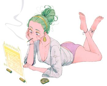 1girl ashtray ass bangs_pinned_back barefoot breasts cigarette cleavage closed_mouth collarbone commentary elbow_rest english_commentary feet_up forehead full_body green_hair hair_bun hairband hand_on_own_cheek hand_on_own_face hand_up highres holographic_interface lying medea_(spindle_(aidenr0)) multiple_moles no_pants on_stomach original panties pink_panties print_panties print_shirt purple_eyes scoop_neck shirt simple_background single_hair_bun smoke smoking solo spindle_(aidenr0) three-quarter_sleeves underwear white_background white_shirt yellow_hairband