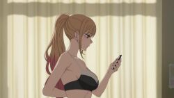 1girl animated anime_screenshot black_bra blonde_hair bra breasts cellphone cleavage collarbone ear_piercing earrings gyaru highres holding holding_cellphone holding_phone jewelry kitagawa_marin large_breasts long_hair multiple_earrings open_bra phone piercing ponytail red_eyes sideboob sidelocks smartphone sono_bisque_doll_wa_koi_wo_suru sound tagme underwear video