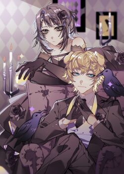 Rule 34 | 1boy, 1girl, absurdres, ahoge, animal ears, arknights, bashifangchengleng kengdingzihu, bird, bird girl, black dress, black flower, black gloves, black hair, black jacket, black necktie, black pants, black rose, blonde hair, blue eyes, brother and sister, brother and step-sister, candle, candlestand, chair, chinese commentary, closed mouth, collarbone, collared shirt, commentary request, crossed legs, crow, cup, dog boy, dog ears, dress, feather hair, flower, frills, gloves, grey eyes, grey vest, hair between eyes, hair intakes, hair ornament, hairclip, highres, holding, holding cup, jacket, la pluma (arknights), light frown, looking at animal, necktie, own hands together, painting (object), pants, rose, shirt, siblings, sitting, smile, sparkle, step-brother and step-sister, step-siblings, tequila (arknights), vest, white shirt