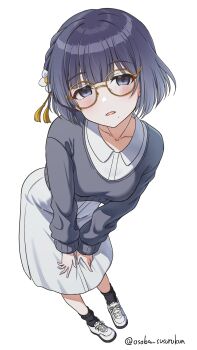 Rule 34 | 1girl, bespectacled, black socks, blush, collarbone, commentary request, cropped sweater, dress, empty eyes, flower, full body, gakuen idolmaster, glasses, grey eyes, grey sweater, hair flower, hair ornament, hands on own knees, hataya misuzu, highres, idolmaster, leaning forward, long sleeves, looking at viewer, mole, mole under mouth, open mouth, osoba susurukun, purple hair, shoes, short hair, simple background, sneakers, socks, solo, standing, sweater, tassel, tassel hair ornament, twitter username, white background, white dress, yellow-framed eyewear