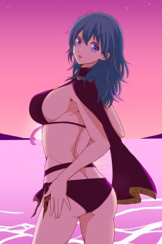 1girl alternate_costume ass bikini black_bikini black_swimsuit blue_eyes breasts butt_crack female_byleth_(fire_emblem) female_byleth_(summer)_(fire_emblem) byleth_(summer)_(fire_emblem)_(female) female_focus fire_emblem fire_emblem:_three_houses gluteal_fold highres nintendo official_alternate_costume shinomu_(si666is) sideboob swimsuit aqua_hair