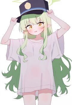 1girl adjusting_clothes adjusting_headwear auto_ins black_hat blue_archive blush breasts cowboy_shot gluteal_fold green_hair green_halo halo hands_on_headwear hat highres hikari_(blue_archive) loli long_hair looking_at_viewer loose_clothes loose_shirt naked_shirt no_pants open_mouth oversized_clothes oversized_shirt peaked_cap pointy_ears see-through_clothes see-through_shirt see-through_silhouette shirt short_sleeves simple_background small_breasts solo t-shirt very_long_hair white_background white_shirt wide_sleeves yellow_eyes