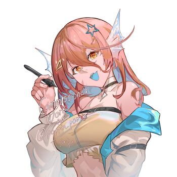 1girl aqua_jacket arm_belt bare_shoulders belt black_belt blue_hair blue_tongue breasts brown_jacket colored_inner_hair colored_tongue commentary commission commissioner_name fingernails fins hair_between_eyes hair_ornament hand_up head_fins highres holding holding_pen indie_virtual_youtuber jacket large_breasts looking_at_viewer multicolored_hair multicolored_jacket naoel_(naoel_art) off_shoulder pen poppin_pom_(vtuber) red_hair simple_background solo star_(symbol) star_hair_ornament tongue tongue_out two-tone_hair two-tone_jacket upper_body vgen_commission white_background yellow_eyes zipper