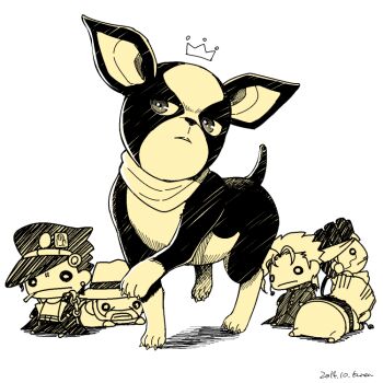 chibi dog doll iggy_(jojo) jean_pierre_polnareff jojo_no_kimyou_na_bouken joseph_joestar joseph_joestar_(old) kakyoin_noriaki kuren kuujou_joutarou mohammed_avdol monochrome no_humans scarf