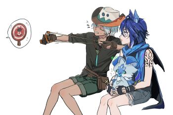 Rule 34 | 2boys, :d, aged down, aiming, animal ear fluff, animal ears, arm tattoo, bat ears, belt buckle, black gloves, black shirt, blue eyes, blue hair, blue scarf, brown gloves, buckle, cape, collared shirt, commentary request, cowboy hat, dark-skinned male, dark skin, denim, denim shorts, facial mark, fingerless gloves, genshin impact, gloves, green eyes, green shorts, grey shorts, hair between eyes, hand tattoo, hat, highres, holding slingshot, hoshida (216), ifa (genshin impact), iktomisaurus (genshin impact), male focus, medium hair, multicolored hair, multiple boys, one eye closed, open mouth, ororon (genshin impact), pouch, purple hair, scarf, shirt, short hair, shorts, simple background, sitting, sleeveless, sleeveless shirt, slingshot (weapon), smile, speech bubble, spoken object, sweatdrop, target, tassel, tattoo, torn clothes, torn shorts, white background, white hair, white hat