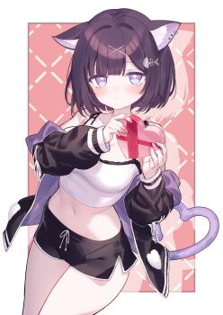Rule 34 | 1girl, absurdres, animal ears, bare shoulders, black hair, black jacket, black shorts, box, breasts, camisole, cat ears, cat girl, cat tail, commentary, commission, crop top, dolphin shorts, drawstring, hair ornament, heart, heart-shaped box, heart tail, highres, hiraga matsuri, jacket, medium breasts, midriff, navel, off shoulder, open clothes, open jacket, original, shirt, short hair, short shorts, shorts, skeb commission, sleeveless, sleeveless shirt, solo, spaghetti strap, stomach, sweatdrop, tail, thighs, white shirt, x hair ornament