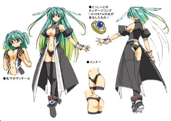 1girl aqua_hair ass black_panties black_thighhighs breast_lift breasts reference_sheet chiivistan cleavage covered_erect_nipples grabbing_another&#039;s_breast green_hair groping hair_ribbon jewelry large_breasts long_hair midriff model_sheet multiple_views os-tan panties partially_translated ribbon ring see-through_clothes thighhighs thong translation_request turnaround twintails underwear vista-tan watch wristwatch zettai_ryouiki