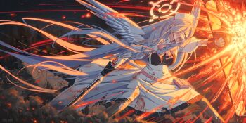 Rule 34 | 1girl, battle, black pantyhose, black shirt, blood, blood on clothes, blood on face, blue archive, blue hair, blue wings, braid, commentary request, dress, explosion, feathered wings, fire, gloves, gun, halo, hat, highres, holding, holding gun, holding weapon, injury, iohc choi, juliet sleeves, lever action, long hair, long sleeves, mine (blue archive), nurse, nurse cap, open mouth, pantyhose, pink ribbon, pointy ears, puffy sleeves, ribbon, riot shield, rubble, shield, shirt, shotgun, shouting, solo, torn clothes, twin braids, under fire, very long hair, weapon, white dress, winchester model 1887, wings