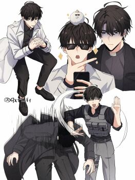 Rule 34 | 2boys, animal, animal on head, biyoo (omniscient reader's viewpoint), black coat, black eyes, black hair, black shirt, coat, collared shirt, full body, grin, highres, holding, holding phone, invisible chair, kim dokja, l hand, looking at another, looking at viewer, male focus, motion lines, multiple boys, multiple views, omniscient reader's viewpoint, on head, open clothes, open coat, open mouth, own hands clasped, own hands together, partially shaded face, phone, popped collar, qxt7 ft, selfie, shirt, short hair, sitting, slapping, smile, sparkle, sunglasses, taking picture, vest, white coat, yoo joonghyuk