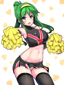 1girl akehoshi_setsuka black_skirt black_thighhighs breasts cheerleader commentary_request crop_top green_hair hairband heart high_ponytail highres holding holding_pom_poms jikkyou_powerful_pro_yakyuu large_breasts long_hair looking_at_viewer midriff navel open_mouth panties pantyshot pom_pom_(cheerleading) pom_poms ponytail power_pro_appli purple_eyes senra_banshou skirt solo teeth thighhighs underwear yellow_hairband zettai_ryouiki