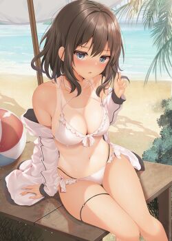 Rule 34 | 1girl, ball, beach, beachball, bikini, blue eyes, blush, breasts, brown hair, cleavage, commentary request, hair between eyes, hand in own hair, hand up, large variant set, long sleeves, looking at viewer, medium breasts, minato ojitan, navel, off shoulder, one-piece tan, original, outdoors, parted lips, sitting, solo, stomach, swimsuit, tan, tanline, variant set, water, wet, white bikini