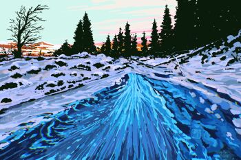 artist_name bare_tree commentary english_commentary evening fangpeii forest highres landscape nature no_humans original outdoors procreate_(medium) scenery signature sky snow tree winter