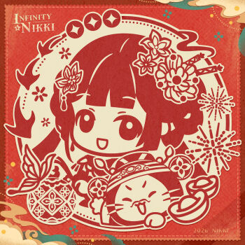 Rule 34 | 1girl, 2026, ^ ^, aerial fireworks, animal, artist request, blunt bangs, bug, butterfly, cat, chibi, chinese clothes, closed eyes, clothed animal, copyright logo, fake facial hair, fake mustache, fireworks, flower, hair flower, hair ornament, hand up, hanfu, happy, holding, holding lantern, infinity nikki, insect, lantern, logo, long hair, long sleeves, low twintails, momo (nikki), monochrome, nikki (nikki), nikki (series), official art, open mouth, paper lantern, red background, red theme, second-party source, smile, twintails, upper body, v-shaped eyebrows, very long hair, yuanbao, yunjian