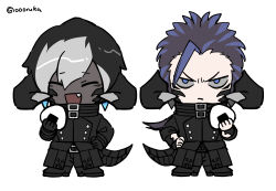Rule 34 | 2boys, artist name, au ra, black coat, black footwear, black hair, black horns, blue eyes, chibi, closed eyes, closed mouth, coat, colored tips, commentary request, earrings, fang, final fantasy, final fantasy xiv, food, full body, grey hair, hand on own hip, high collar, holding, holding food, horns, jewelry, karuo (oooruka cr), long hair, looking at viewer, low horns, low ponytail, male focus, multicolored hair, multiple boys, onigiri, open mouth, purple hair, short hair, simple background, standing, tail, twitter username, warrior of light (ff14), white background