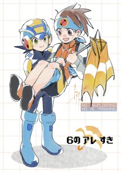 2boys black_shorts blue_bodysuit blue_headband bodysuit brothers brown_eyes brown_hair carrying commentary full_body green_eyes headband highres holding holding_umbrella lan_hikari_(mega_man) male_focus mega_man_(series) mega_man_battle_network_(series) megaman.exe multiple_boys netnavi orange_vest princess_carry shirt short_hair shorts siblings simple_background symbol-only_commentary to_i_to_io twins umbrella vest watermark white_background white_shirt