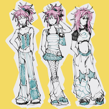 ayellowapple bag baggy_pants belt crop_top crossed_legs fishnets handbag hunter_x_hunter machi_komacine pants ponytail skirt yellow_background