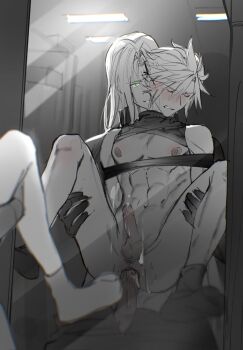 2boys abs aftersex anal blush bound bound_arms chinese_commentary clenched_teeth closed_eyes clothes_lift clothes_pull cloud_strife cum cum_in_ass ear_blush erection final_fantasy final_fantasy_vii full-length_mirror green_eyes greyscale hair_intakes highres indoors lifting_person light_smile long_bangs male_focus mirror monochrome multiple_boys nipples no_pants pants pants_pull parted_bangs restrained sephiroth shirt_lift short_hair slit_pupils socks spot_color spread_legs teeth toned toned_male xianyu314 yaoi