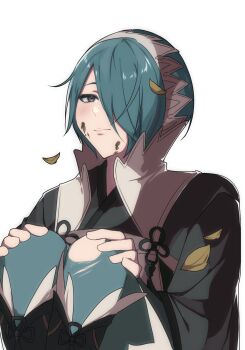 1girl blue_eyes blue_hair closed_mouth commentary_request fire_emblem fire_emblem_fates hair_over_one_eye highres japanese_clothes looking_at_viewer multiple_girls nintendo pantyhose saki_ttx setsuna_(fire_emblem) short_hair solo torn_clothes torn_pantyhose white_headdress