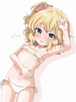 1girl alternate_costume arm_up armpits bikini blonde_hair blush breasts cameltoe commentary_request eyepatch_bikini green_eyes groin hair_ornament hair_scrunchie heart highres idolmaster idolmaster_cinderella_girls loli looking_at_viewer navel one_side_up remiri_nicoeli sakurai_momoka scrunchie side-tie_bikini_bottom simple_background small_breasts smile solo stomach swimsuit white_background white_bikini