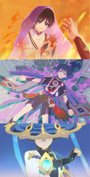 3boys absurdres anemo_symbol_(genshin_impact) armor arms_at_sides black_bodysuit black_bridal_gauntlets black_hair black_kimono black_shorts black_sleeves blood blood_on_hand blue_gem blue_hat blue_jingasa blunt_ends bodysuit bridal_gauntlets bright_pupils broken_cable cable clenched_hand clenched_teeth closed_mouth clothing_cutout colored_blood curled_fingers empty_eyes eyeliner fatui_logo feathers fire furisode gem genshin_impact gold gold_ring gold_trim hands_up hat hat_over_eyes heart_(organ) highres holding holding_heart_(organ) japanese_armor japanese_clothes jewelry jingasa juban kariginu kimono kote kurokote layered_shorts layered_sleeves long_sleeves lying makeup mandarin_collar middle_ring mitsudomoe_(shape) multiple_boys multiple_persona neck_ring o-ring on_back pink_veil pom_pom_(clothes) purple_blood purple_eyes purple_kimono purple_rope purple_sash purple_shorts purple_sleeves red_eyeliner red_kimono rope sash scaramouche_(genshin_impact) scaramouche_(kabukimono)_(genshin_impact) scene_reference see-through_clothes see-through_veil shimenawa shixinfeng short_sleeves shorts shoulder_cutout single_sode smile split_mouth string sweat tassel teeth tomoe_(symbol) veil vision_(genshin_impact) wanderer_(genshin_impact) white_kimono white_pupils white_rope white_sleeves wispy_bangs yellow_feathers