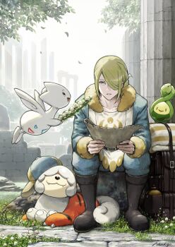 1boy black_boots blonde_hair blue_eyes boots budew eye_contact flower flower_wreath gen_2_pokemon gen_4_pokemon ginkgo_guild_uniform grass hair_over_one_eye hat highres hisuian_growlithe holding holding_map looking_at_another male_focus map newsboy_cap nintendo no_ichigo outdoors parted_hair parted_lips pillar pokemon pokemon_(creature) pokemon_legends:_arceus ruins sitting togetic tree unworn_headwear volo_(pokemon) white_flower