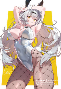 1girl alternate_costume animal_ears armpits arms_up breasts brown_pantyhose cleavage fake_animal_ears fake_tail fishnet_pantyhose fishnets grey_hair hair_ornament hairclip highleg highleg_leotard highres hong_(white_spider) large_breasts leotard long_hair looking_at_viewer mole mole_on_breast pantyhose playboy_bunny rabbit_ears rabbit_tail solo tail white_leotard yellow_eyes yixuan_(zenless_zone_zero) zenless_zone_zero