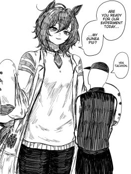 1boy 1girl agnes_tachyon_(tach-nology)_(umamusume) agnes_tachyon_(umamusume) alternate_size baseball_cap coat collared_jacket collared_shirt cork english_text hair_between_eyes hat height_difference highres jacket lab_coat medium_hair necktie open_clothes open_coat pants pantyhose parted_lips shirt short_necktie simple_background size_difference sleeves_past_fingers sleeves_past_wrists smile speech_bubble sweater tall_female test_tube trainer_(umamusume) twovust umamusume white_background