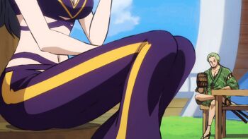 10s 1boy 1girl 2019 animated animated_gif ass asymmetrical_bangs asymmetrical_hair beer_mug black_hair blue_eyes blue_sky breasts camisole cleavage cloud cloudy_sky cowboy_shot cropped_legs crossed_legs cup drink drinking_glass drinking_straw eyelashes eyewear_on_head flower_in_drink gold_trim green_hair hair_pulled_back holding holding_cup large_breasts lips long_hair looking_at_viewer mug nico_robin official_alternate_costume one_piece one_piece:_stampede pants purple_background purple_camisole purple_pants roronoa_zoro scar scar_across_eye scar_on_chest scar_on_face ship short_hair simple_background sitting sky sleeveless smile spaghetti_strap straight_hair sunglasses tagme tinted_eyewear v-shaped_eyebrows watercraft wine_glass