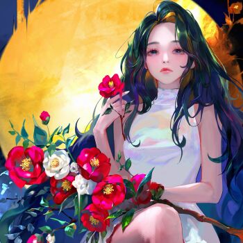 Rule 34 | 1girl, absurdres, black hair, blue eyes, branch, closed mouth, commentary, crossed legs, curtained hair, dress, english commentary, eyelashes, flower, flower request, forehead, hand up, highres, holding, holding flower, lizchief, long hair, original, red flower, red lips, sitting, sleeveless, sleeveless dress, solo, very long hair, white dress, white flower